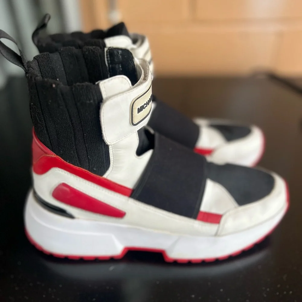 Michael Kors Black and White High-Top Sneakers with Red Accents - Picture 5 of 16